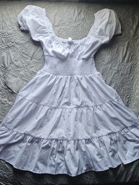 White Tiered Smocked Waist Puff Sleeve Dress